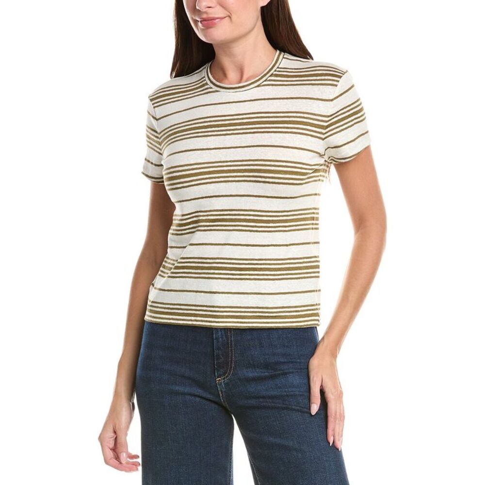 Frame Denim Womens Frame The Linen-Blend Striped Baby T-Shirt, Green